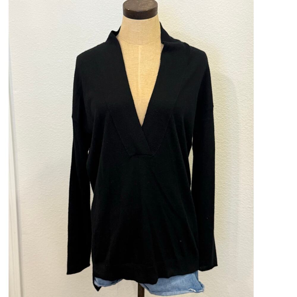 BARNEYS NEW YORK Black Deep V Neck Wool Cashmere Sweater Top Shirt L